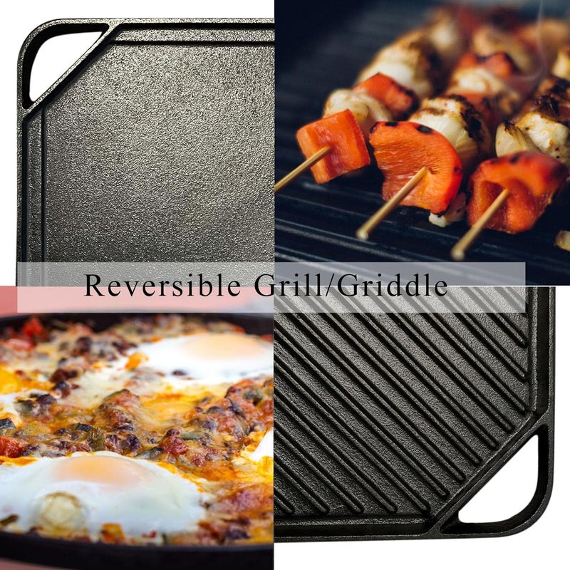Brightalk Cast Iron Reversible Grill/Griddle, 10.5-Inch Double Handled Cast Iron Stovetop Grill/Griddle - Image 4